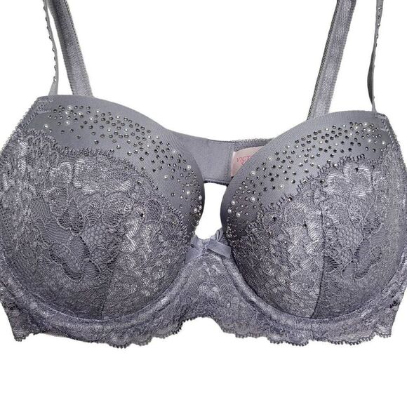 Victoria’s Secret Dream Angels Rhinestone Pearl Demi Gray Bra Size 32D - Picture 3 of 10